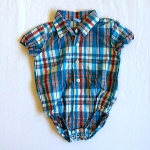 children's place plaid collared short sleeve bodysuit diaper shirt 6-9 months